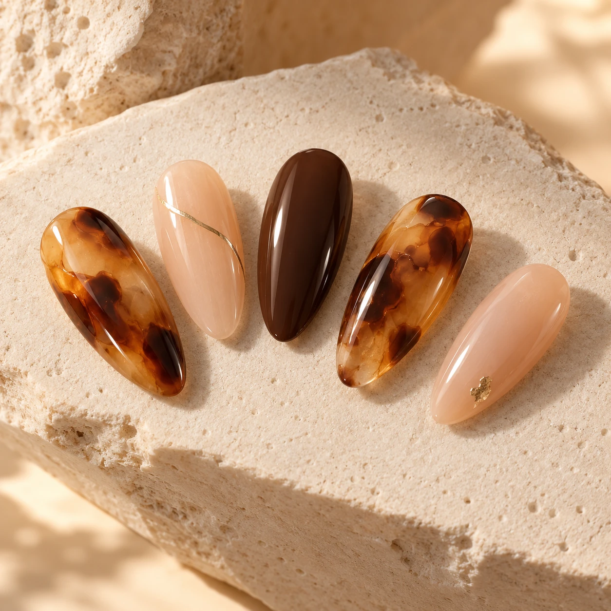 AI inspiration concept: Five amber tortoise, espresso and nude almond nail tips