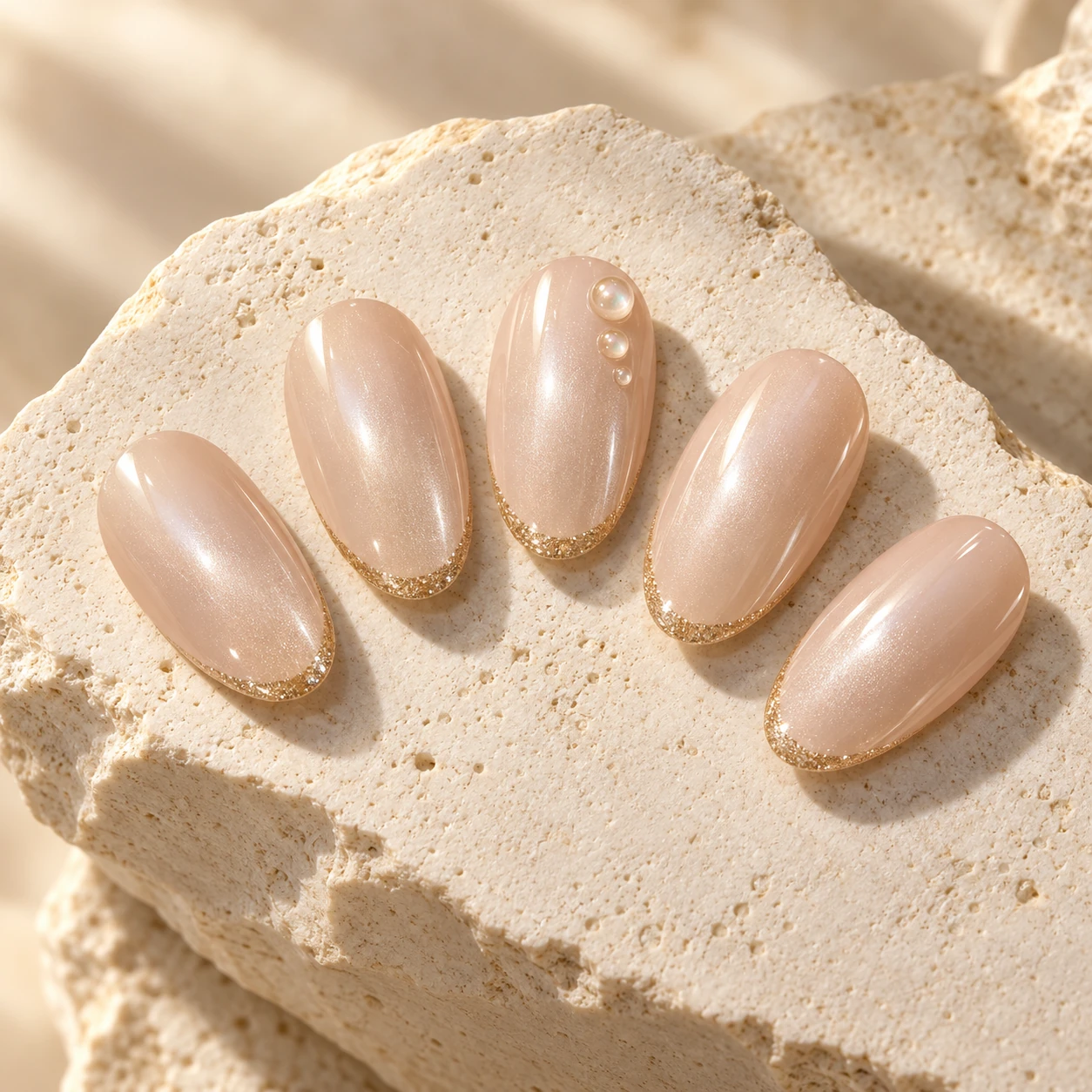 AI inspiration concept: Five pearly nude oval tips with champagne French edges and raised pearls